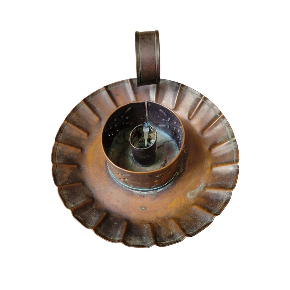 Vintage Copper Candlestick Holder Taper With Patina Punched